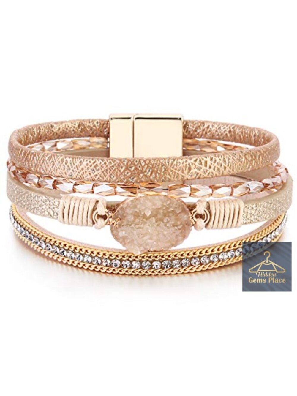 Leather Wrap Bracelet Stackable Chunky Crystal Cuff Boho Jewelry